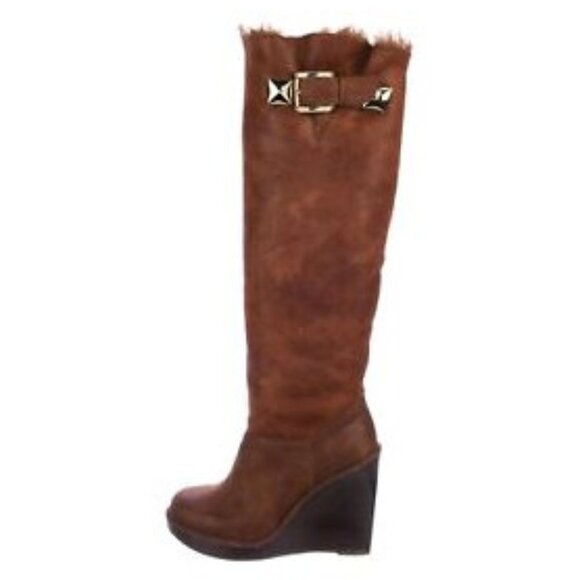 NWT MICHAEL Michael Kors brown distressed faux suede & faux fur lined long boots - Picture 2 of 15